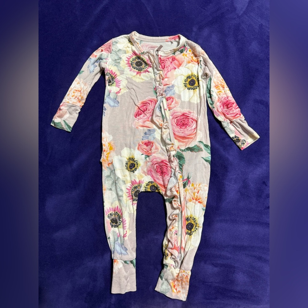 Posh Peanut Zippy Floral style.  Pink/grey/yellow colors  3/6 months size